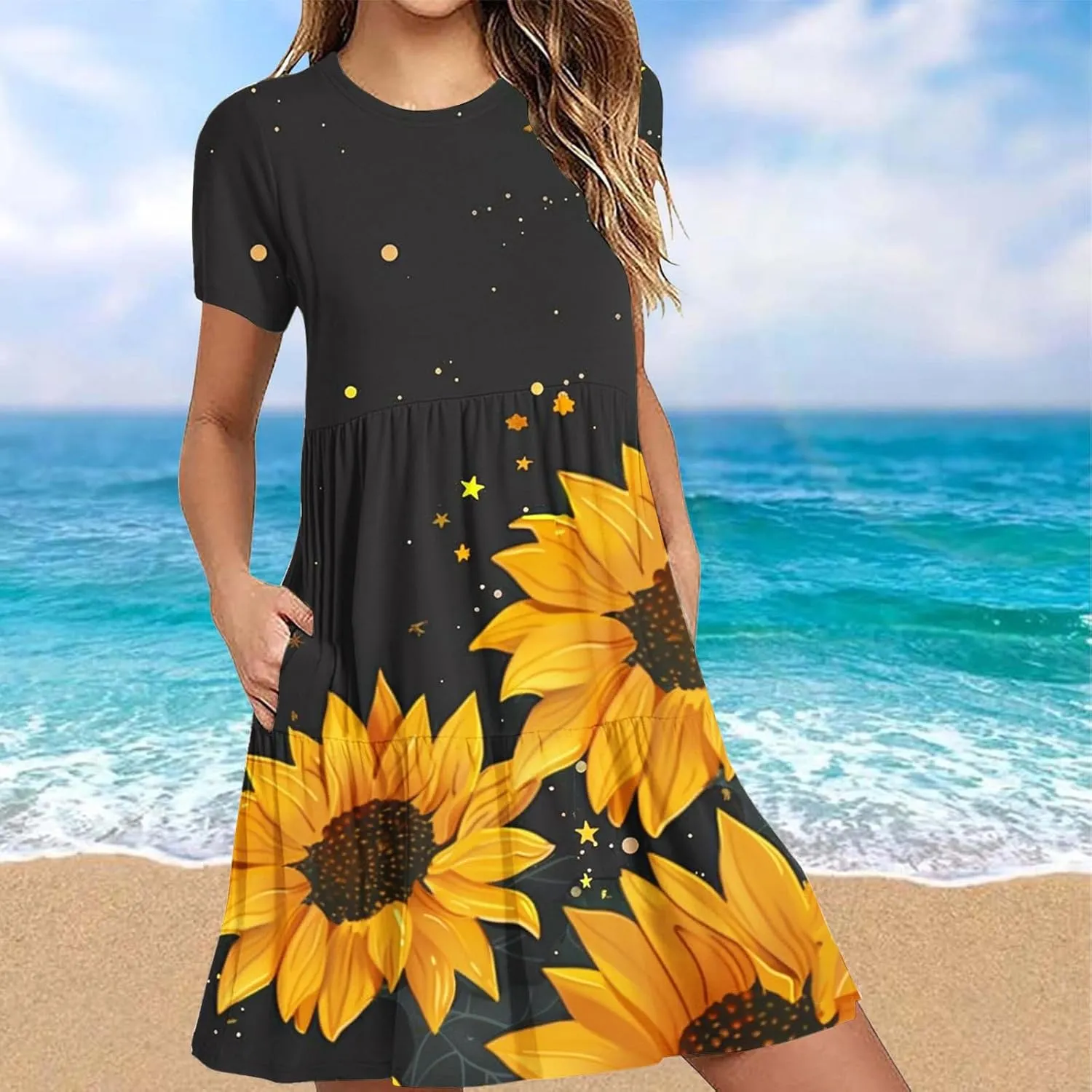 Sun Dresses for Women 2024 Sunflower Sundress Cowl Neck Layered Flutter Flowy Fit Plus Size Dress Clothes Vacation