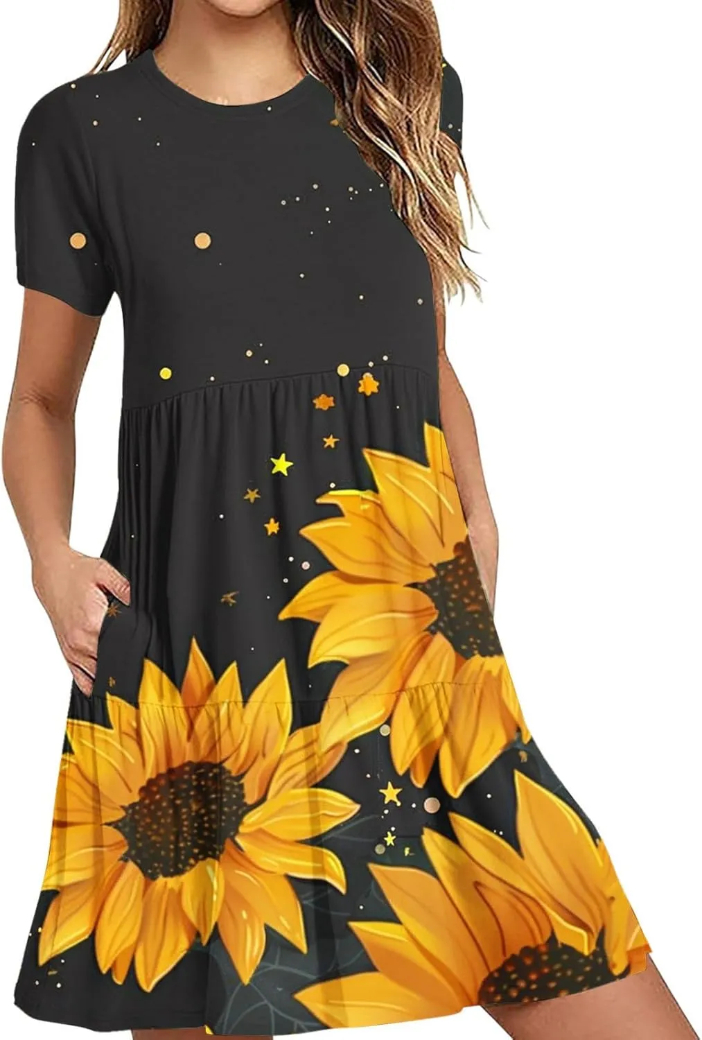 Sun Dresses for Women 2024 Sunflower Sundress Cowl Neck Layered Flutter Flowy Fit Plus Size Dress Clothes Vacation