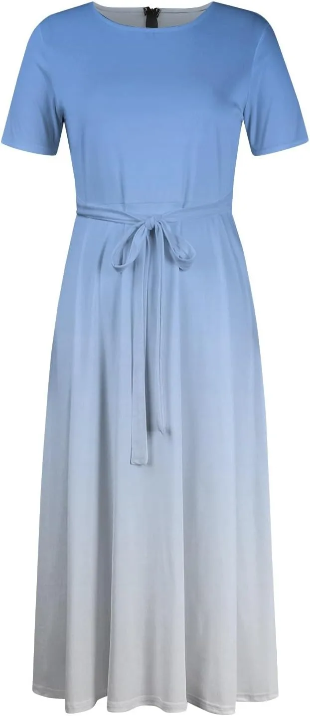 Trendy Short Sleeve Maxi Dresses Casual Plus Size Crewneck Long Sundress Elegant Formal A Line Smocked Flowy Party Dress