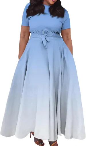 Trendy Short Sleeve Maxi Dresses Casual Plus Size Crewneck Long Sundress Elegant Formal A Line Smocked Flowy Party Dress