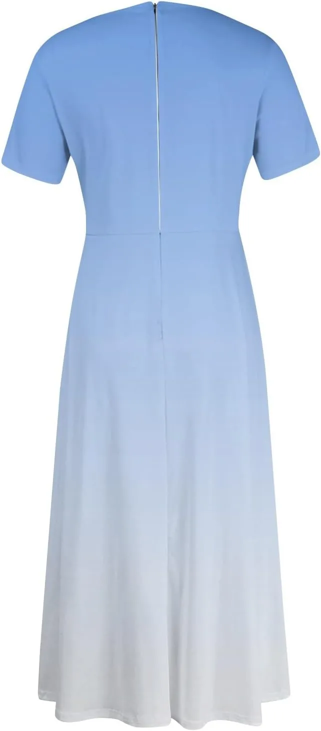 Trendy Short Sleeve Maxi Dresses Casual Plus Size Crewneck Long Sundress Elegant Formal A Line Smocked Flowy Party Dress