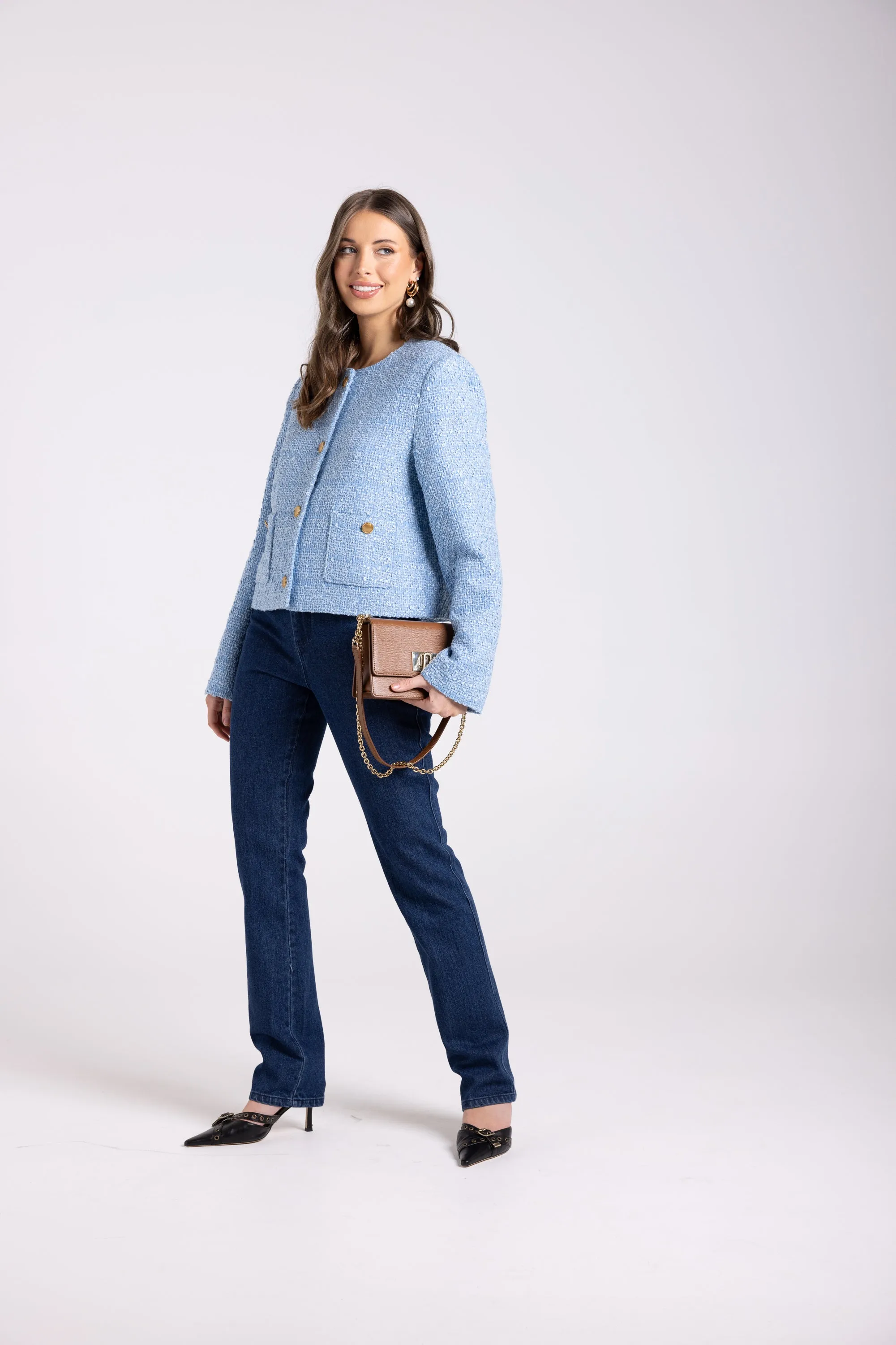 Two T's Cropped Boucle Jacket - Powder Blue