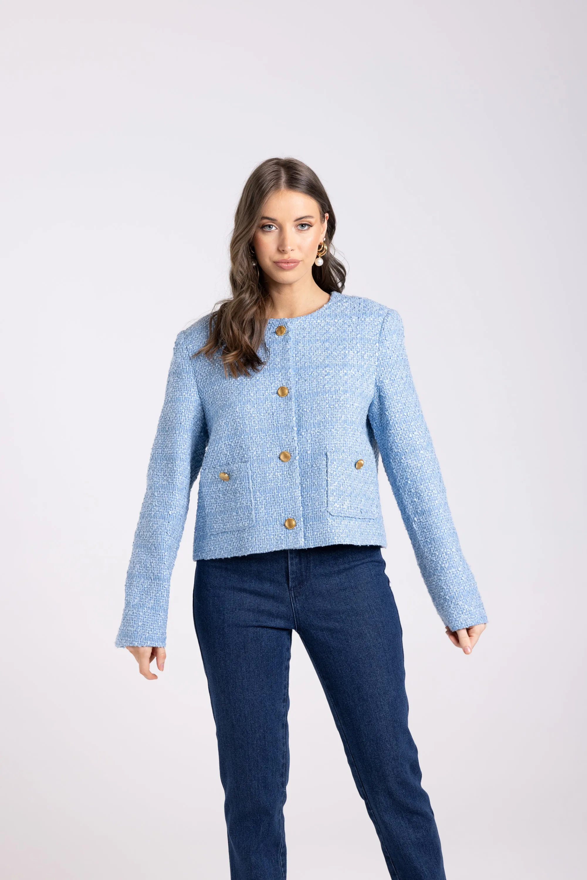 Two T's Cropped Boucle Jacket - Powder Blue