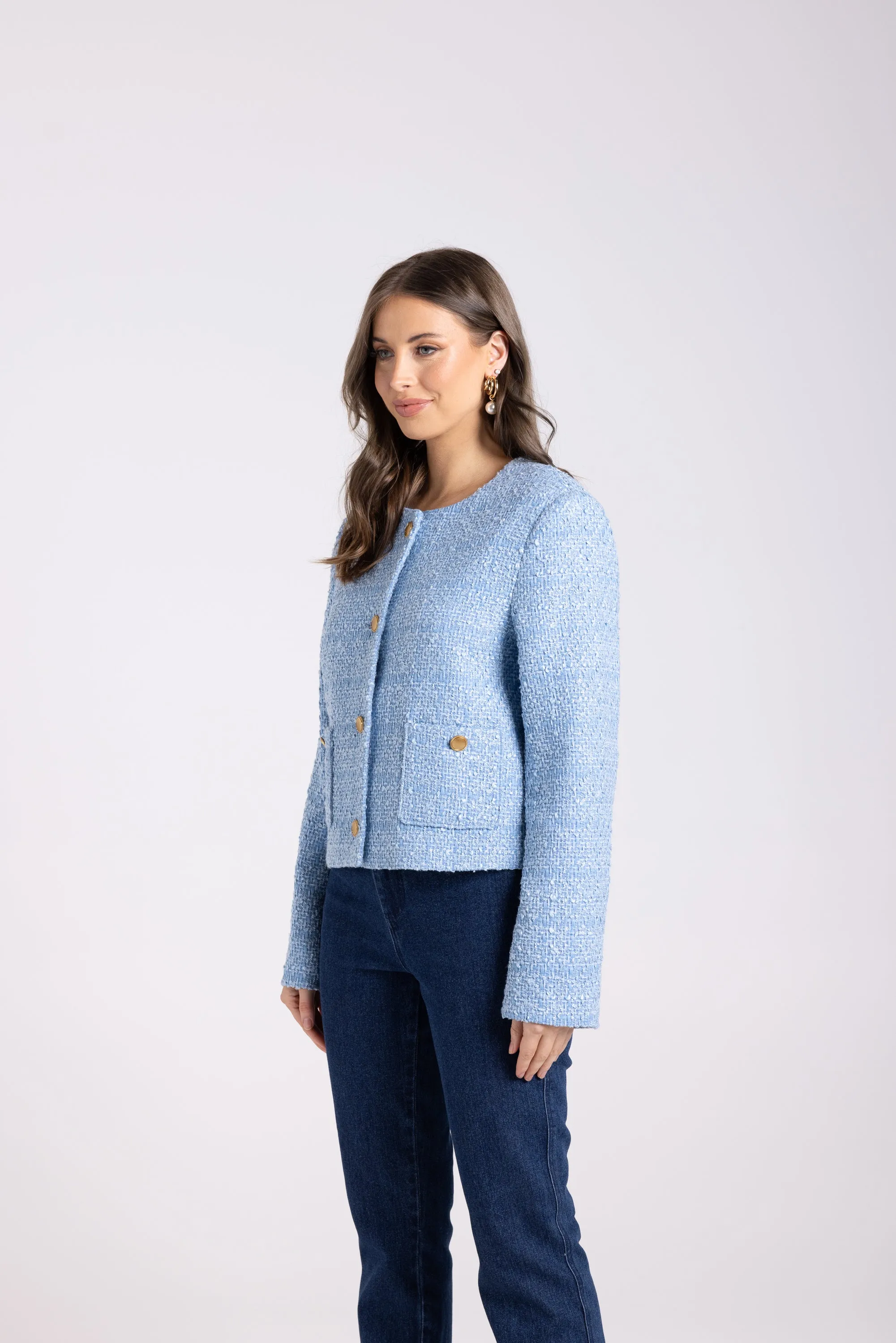 Two T's Cropped Boucle Jacket - Powder Blue