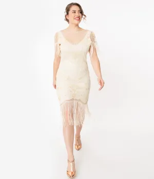 Unique Vintage 1920s Ivory Beaded Nadine Flapper Dress