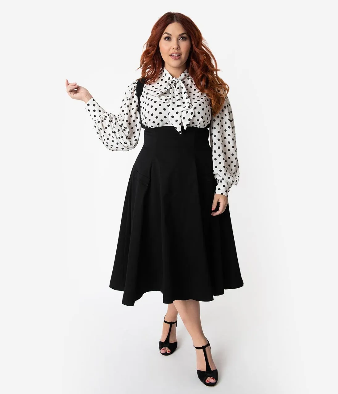 Unique Vintage Plus Size 1950s Black High Waisted Amma Suspender Swing Skirt