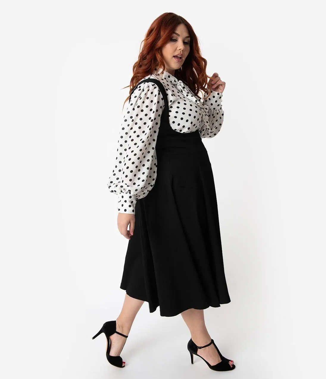 Unique Vintage Plus Size 1950s Black High Waisted Amma Suspender Swing Skirt