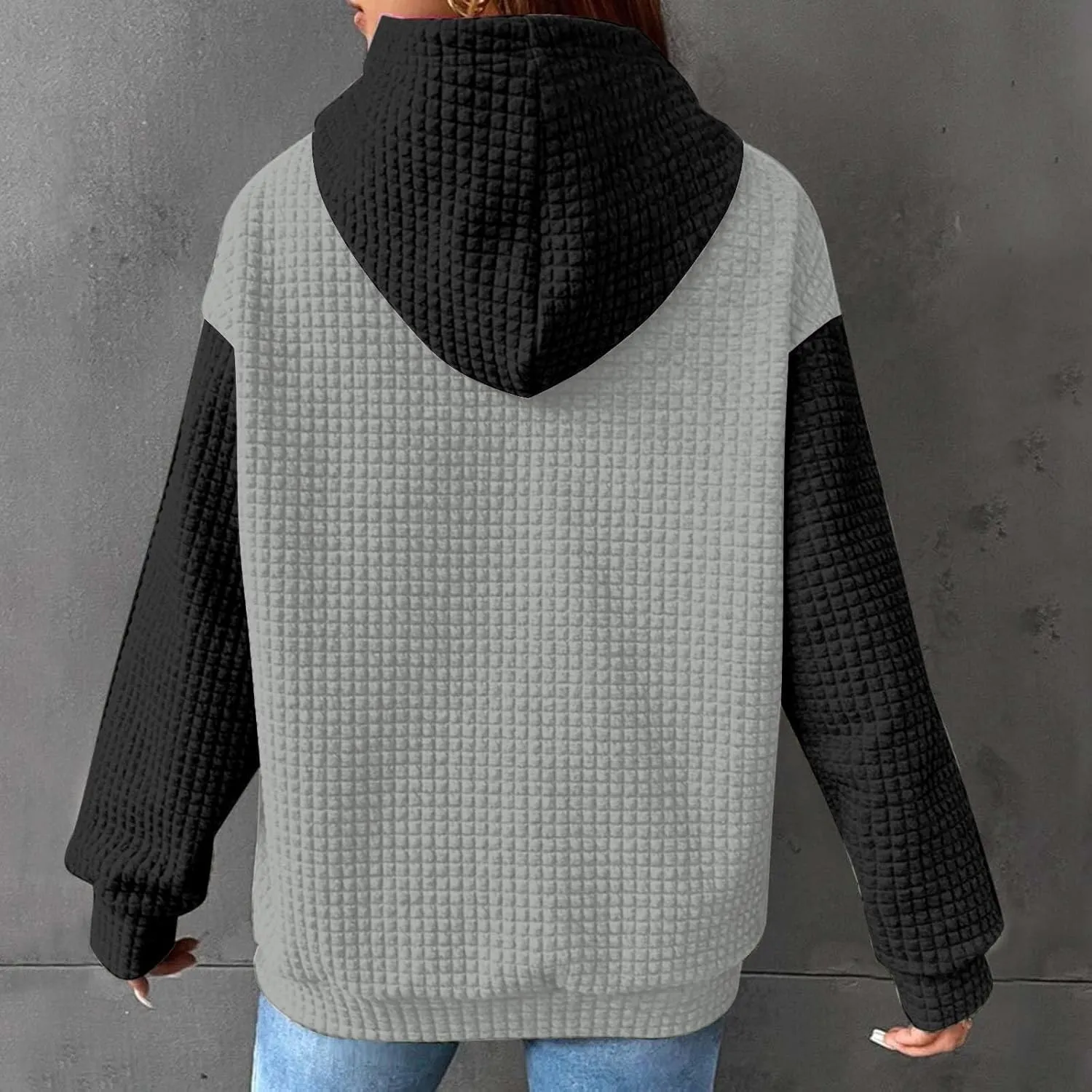 Waffle Hoodies for Women Oversized Hooded Sweatshirts Long Sleeve Color Block Pullover Tops with Pocket