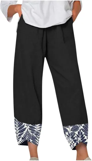 Wide Leg Linen Pants for Womens Capri Summer Pants Palazzo Lounge Elastic Waist Cropped Beach Trousers Slacks Clothes