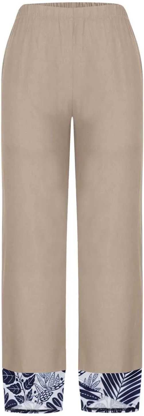 Wide Leg Linen Pants for Womens Capri Summer Pants Palazzo Lounge Elastic Waist Cropped Beach Trousers Slacks Clothes