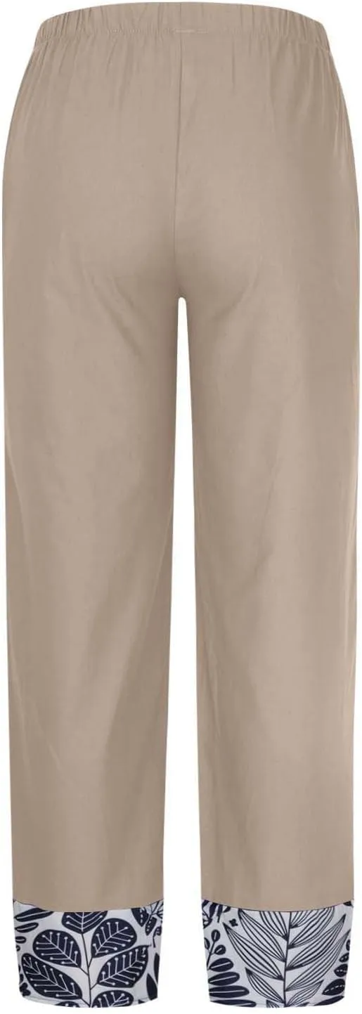 Wide Leg Linen Pants for Womens Capri Summer Pants Palazzo Lounge Elastic Waist Cropped Beach Trousers Slacks Clothes