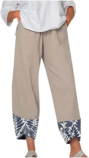 Wide Leg Linen Pants for Womens Capri Summer Pants Palazzo Lounge Elastic Waist Cropped Beach Trousers Slacks Clothes