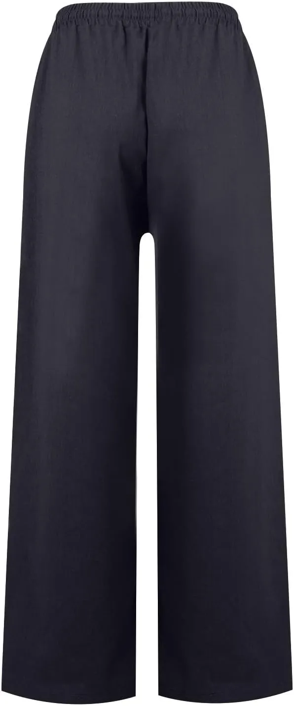 Wide Leg Linen Pants Women Summer Elastic High Waisted Palazzo Pants Side Slit Casual Work Beach Trousers with Pocket