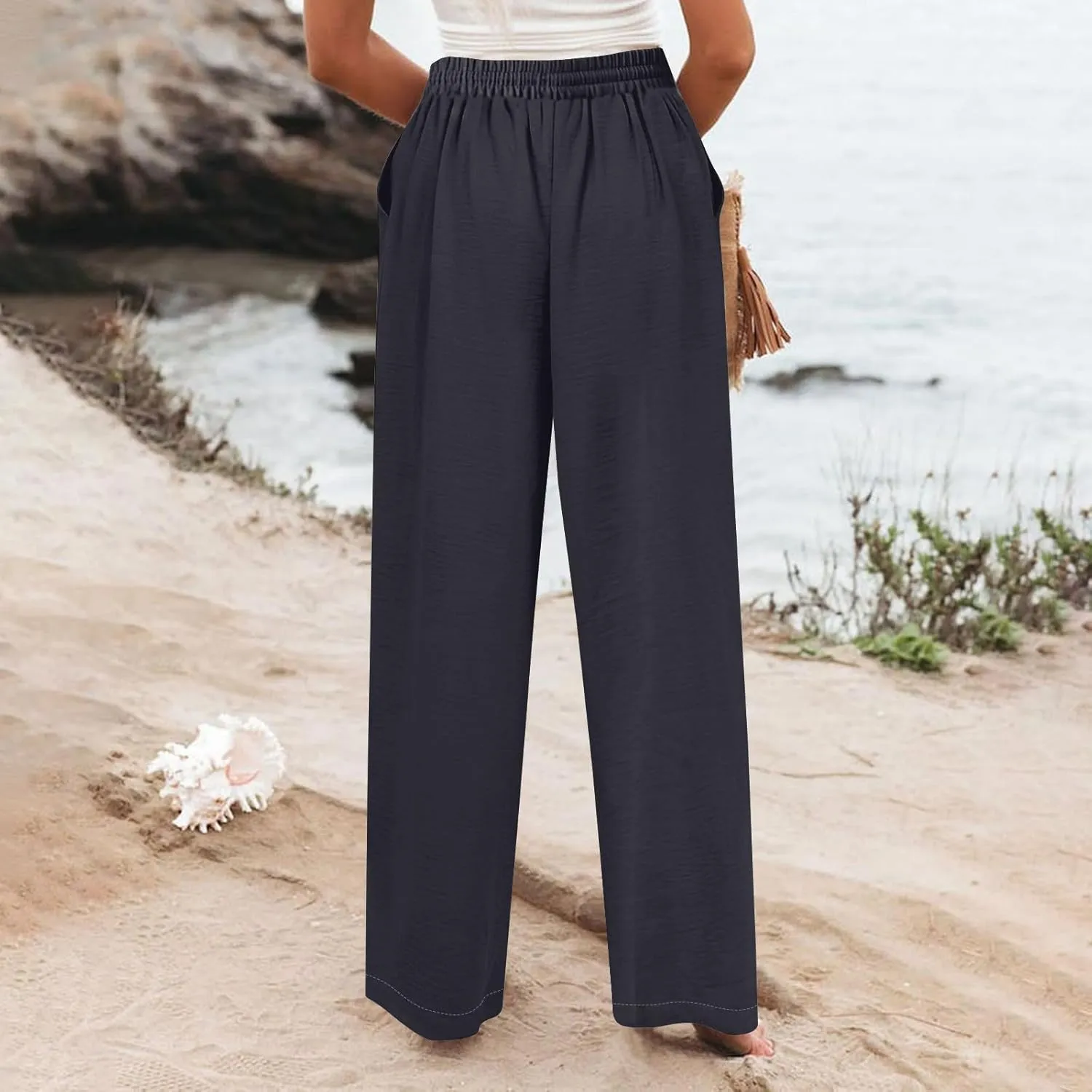 Wide Leg Linen Pants Women Summer Elastic High Waisted Palazzo Pants Side Slit Casual Work Beach Trousers with Pocket