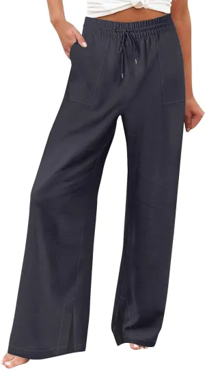Wide Leg Linen Pants Women Summer Elastic High Waisted Palazzo Pants Side Slit Casual Work Beach Trousers with Pocket