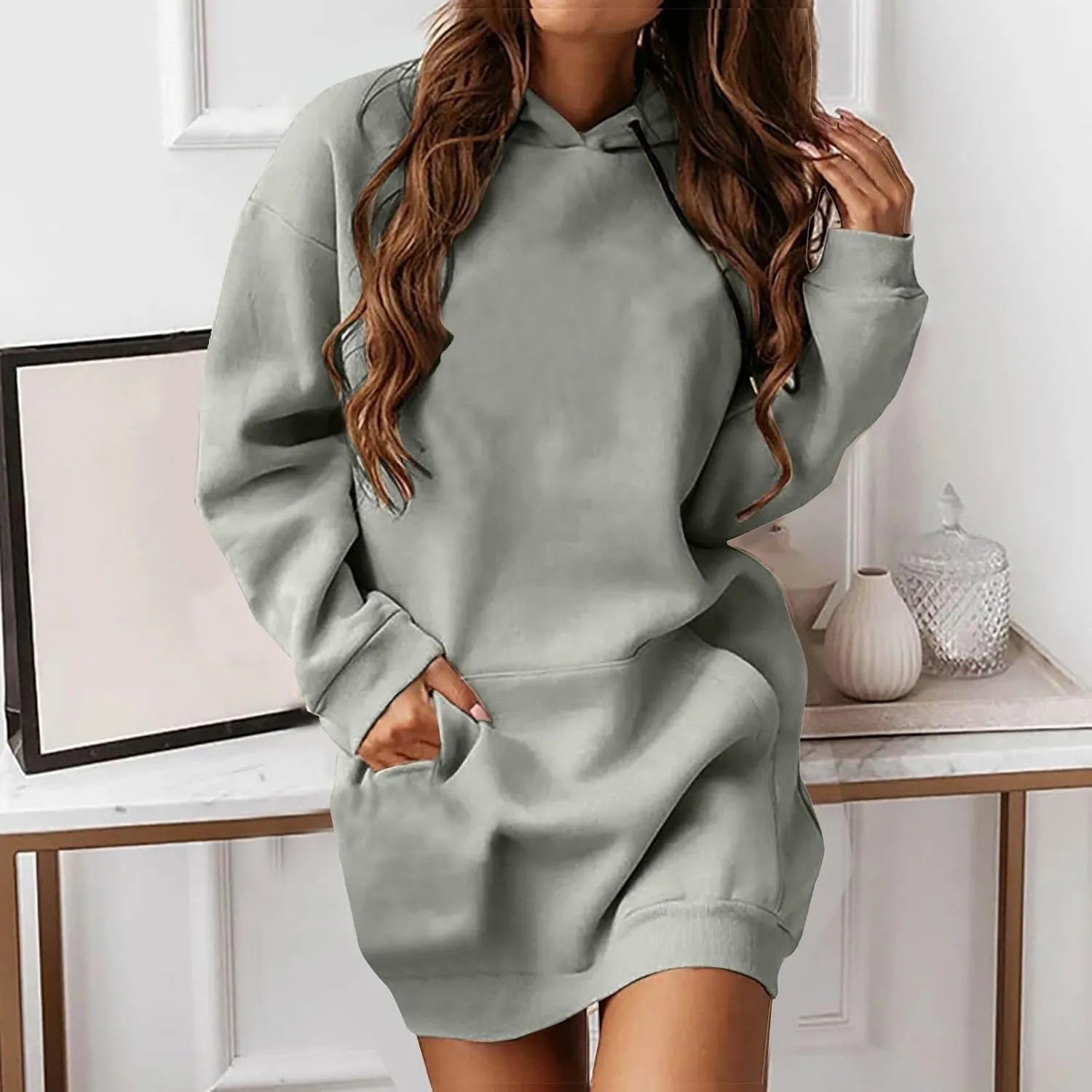Women Hoodie Dress Solid Sweatshirt Long Sleeve Drawstring Hooded Pullover Winter Trendy Sport Dress with Pockets