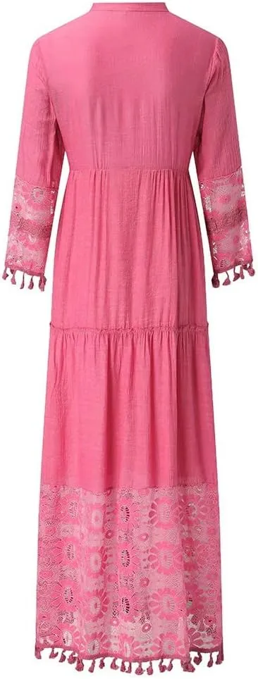 Women Lace Patchwork Maxi Dress Long Sleeve Sexy V Neck Boho Dress Spring Summer Casual Flowy Tiered Bohemian Dress