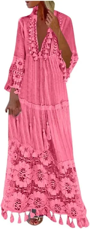 Women Lace Patchwork Maxi Dress Long Sleeve Sexy V Neck Boho Dress Spring Summer Casual Flowy Tiered Bohemian Dress
