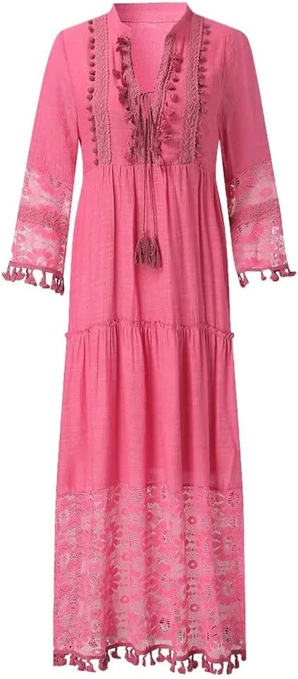 Women Lace Patchwork Maxi Dress Long Sleeve Sexy V Neck Boho Dress Spring Summer Casual Flowy Tiered Bohemian Dress