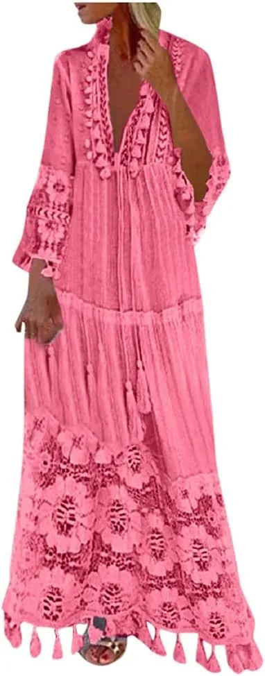 Women Lace Patchwork Maxi Dress Long Sleeve Sexy V Neck Boho Dress Spring Summer Casual Flowy Tiered Bohemian Dress
