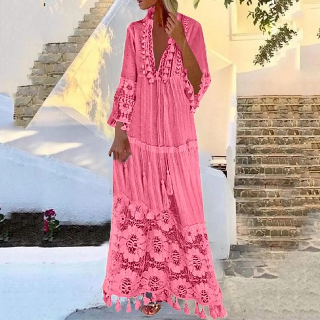 Women Lace Patchwork Maxi Dress Long Sleeve Sexy V Neck Boho Dress Spring Summer Casual Flowy Tiered Bohemian Dress