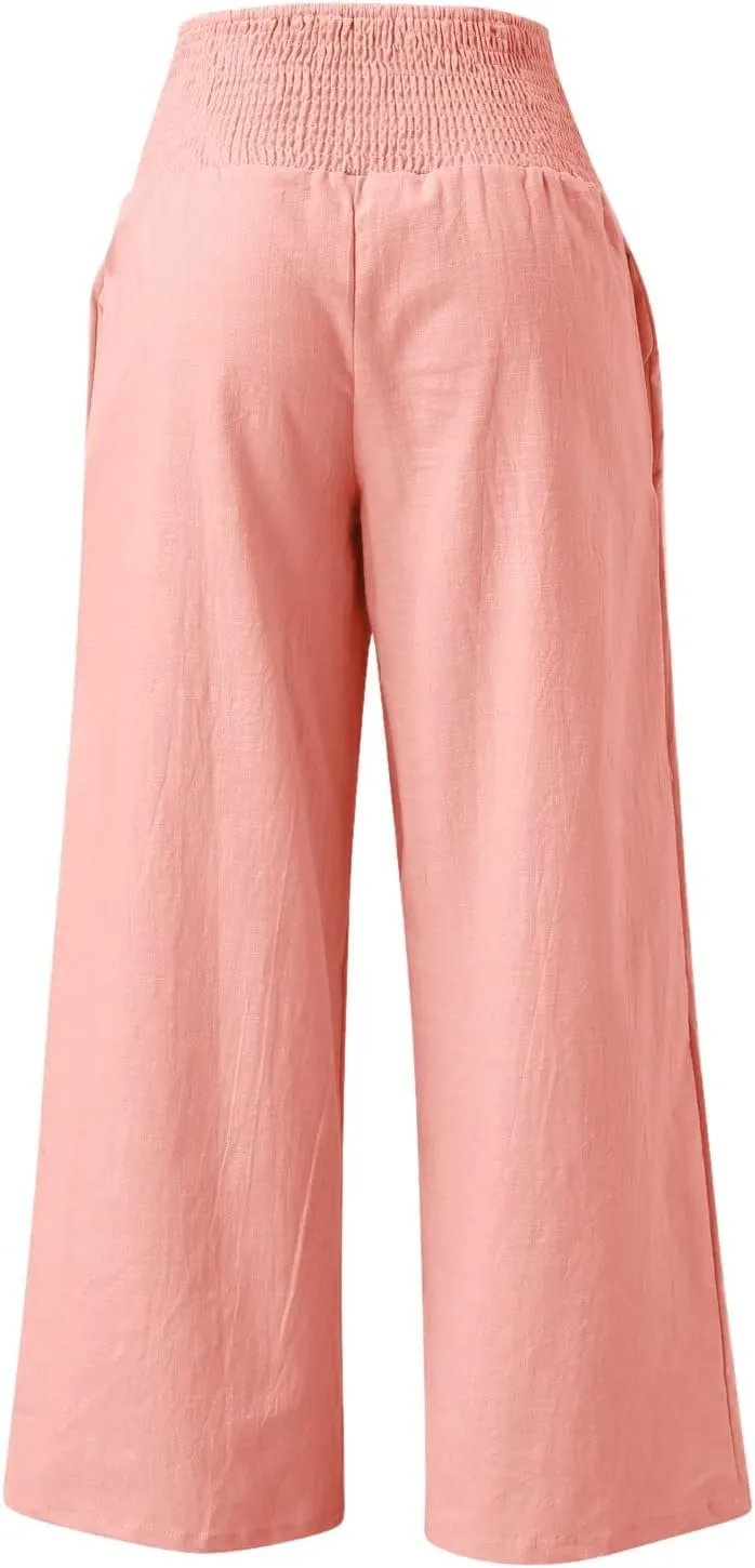 Women Linen Cotton Pants Elastic High Waisted Baggy Casual Palazzo Trousers 2024 Summer Solid Straight Wide Leg Beach Pants