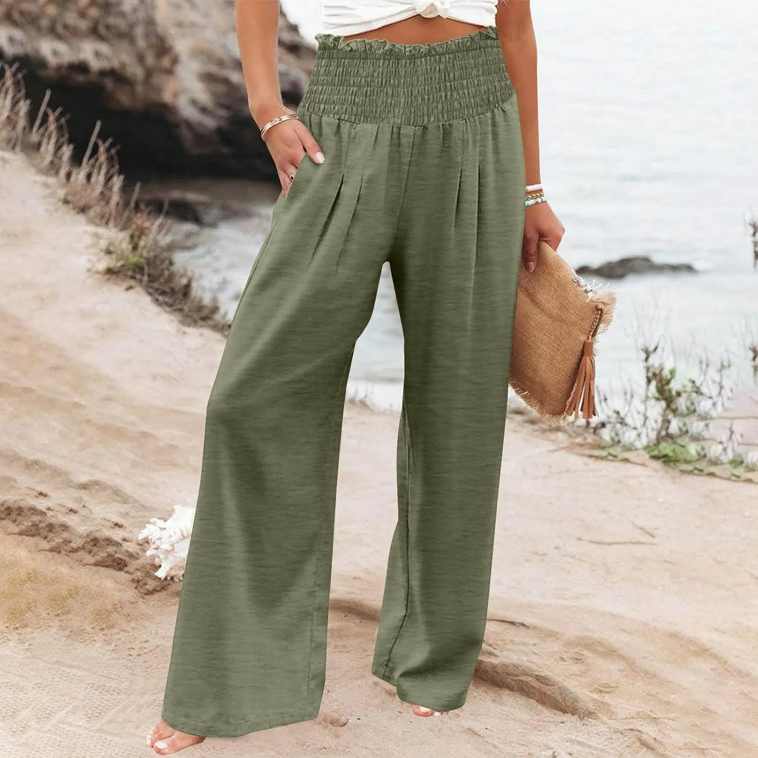 Women's Cotton Linen Palazzo Pants Summer Comfy Elastic High Waisted Wide Leg Trousers Loose Beach Vacation Slacks