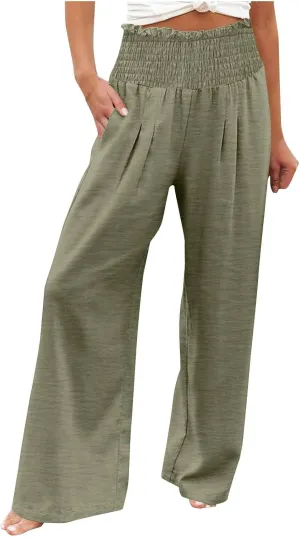 Women's Cotton Linen Palazzo Pants Summer Comfy Elastic High Waisted Wide Leg Trousers Loose Beach Vacation Slacks