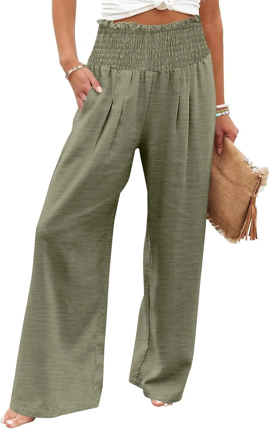 Women's Cotton Linen Palazzo Pants Summer Comfy Elastic High Waisted Wide Leg Trousers Loose Beach Vacation Slacks