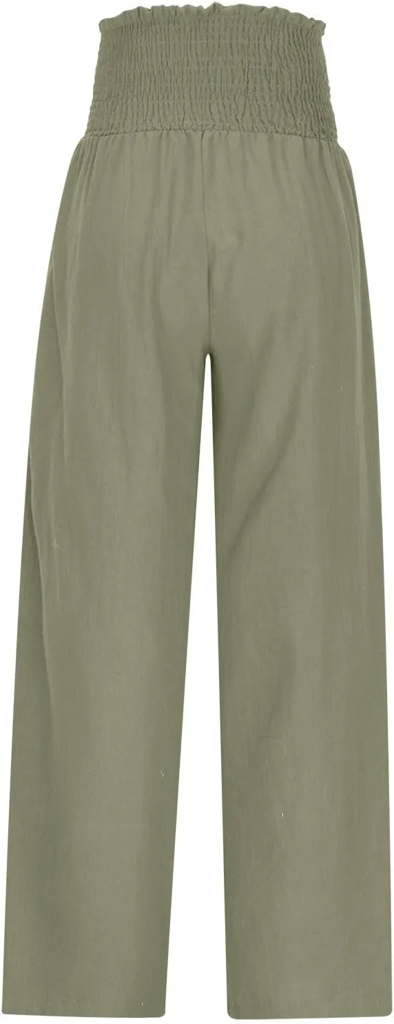 Women's Cotton Linen Palazzo Pants Summer Comfy Elastic High Waisted Wide Leg Trousers Loose Beach Vacation Slacks