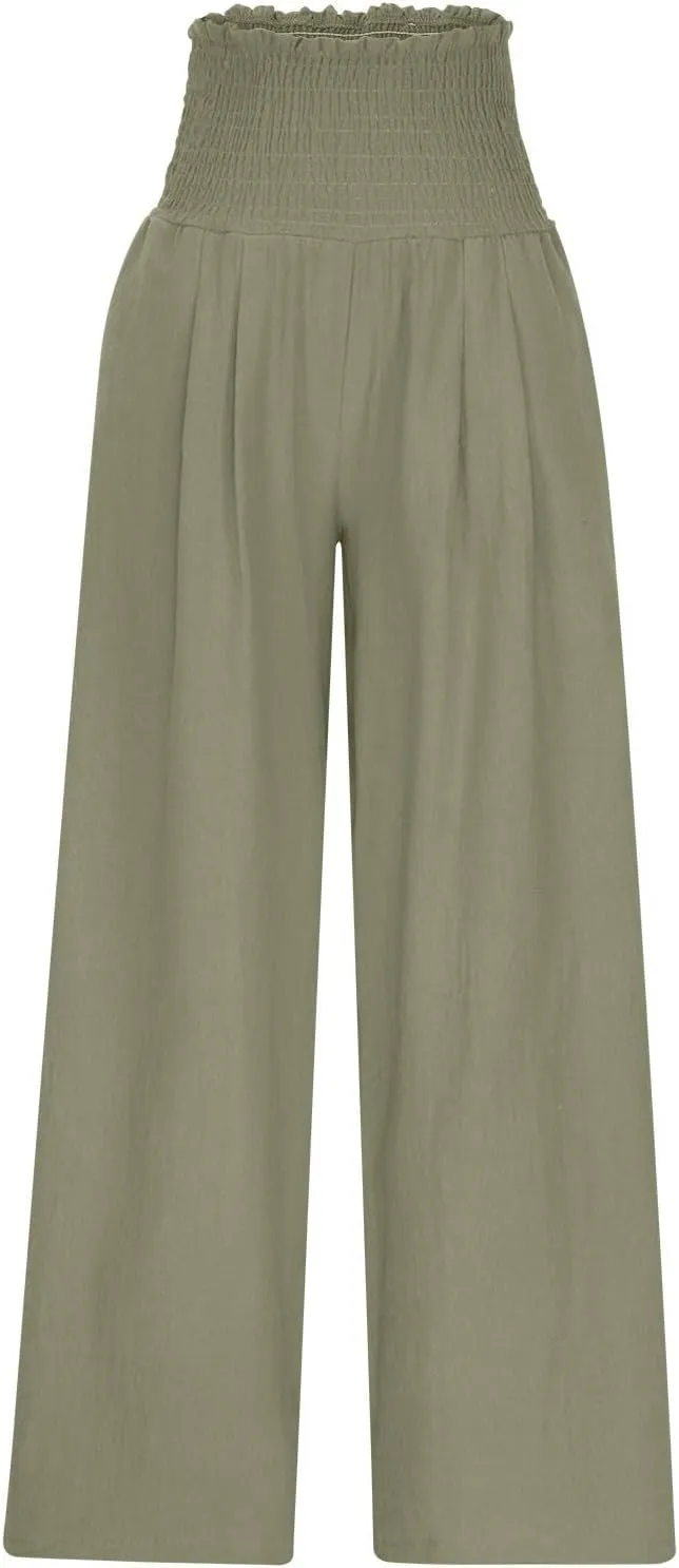 Women's Cotton Linen Palazzo Pants Summer Comfy Elastic High Waisted Wide Leg Trousers Loose Beach Vacation Slacks