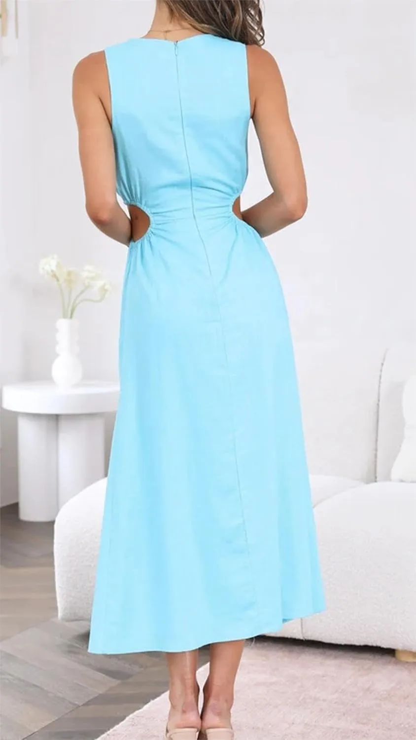 Womens Crew Neck Sleeveless Midi Dress Summer Cut Out Twist Split Hem Long Dress Elegant Solid Sweet Fashion Dresses