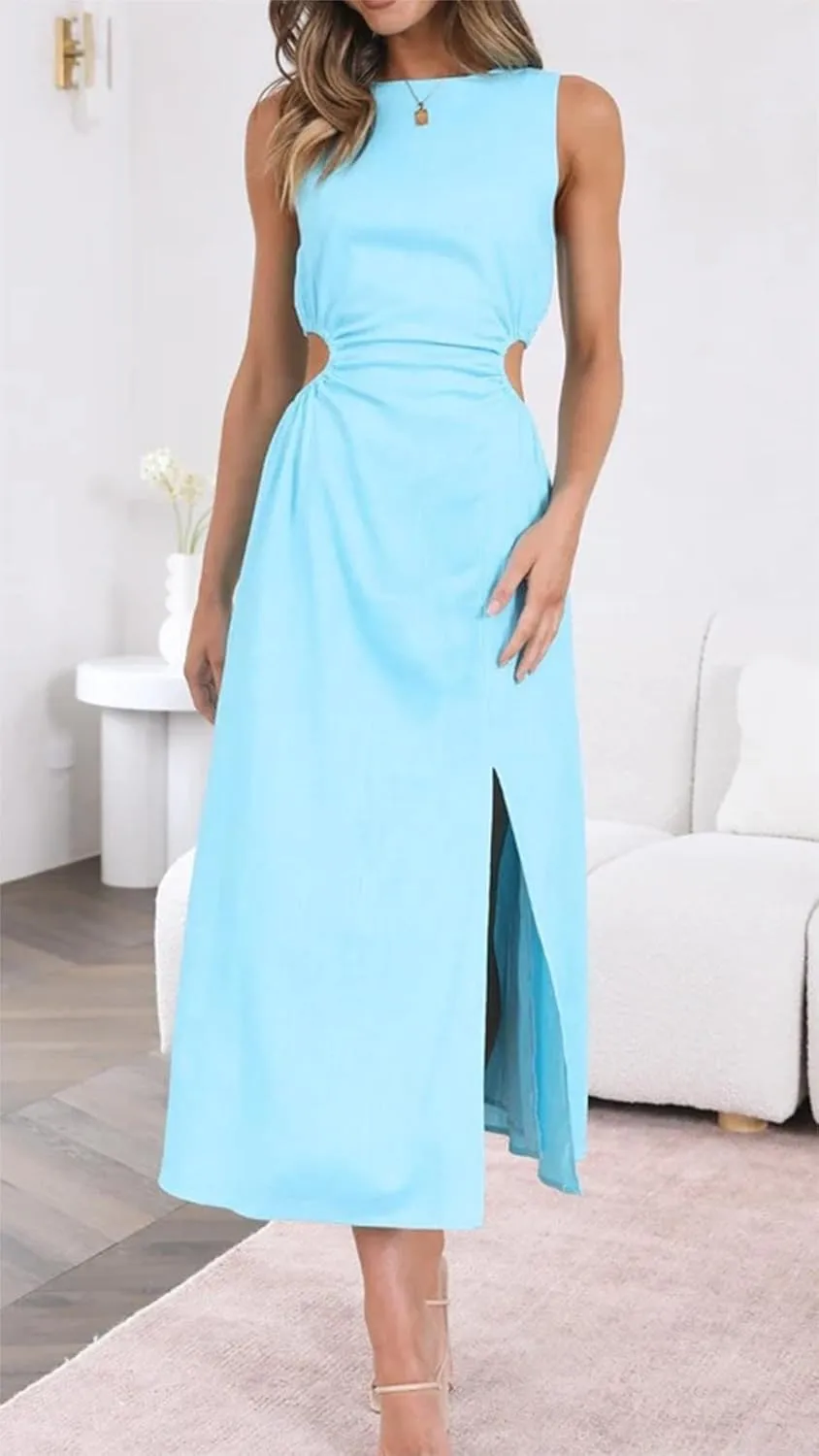 Womens Crew Neck Sleeveless Midi Dress Summer Cut Out Twist Split Hem Long Dress Elegant Solid Sweet Fashion Dresses