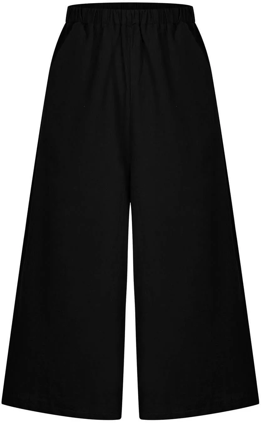 Womens High Waist Linen Pants 2025 Summer Flowy Leg Trousers, Breathable Casual Elastic Waist for Travel & Beach