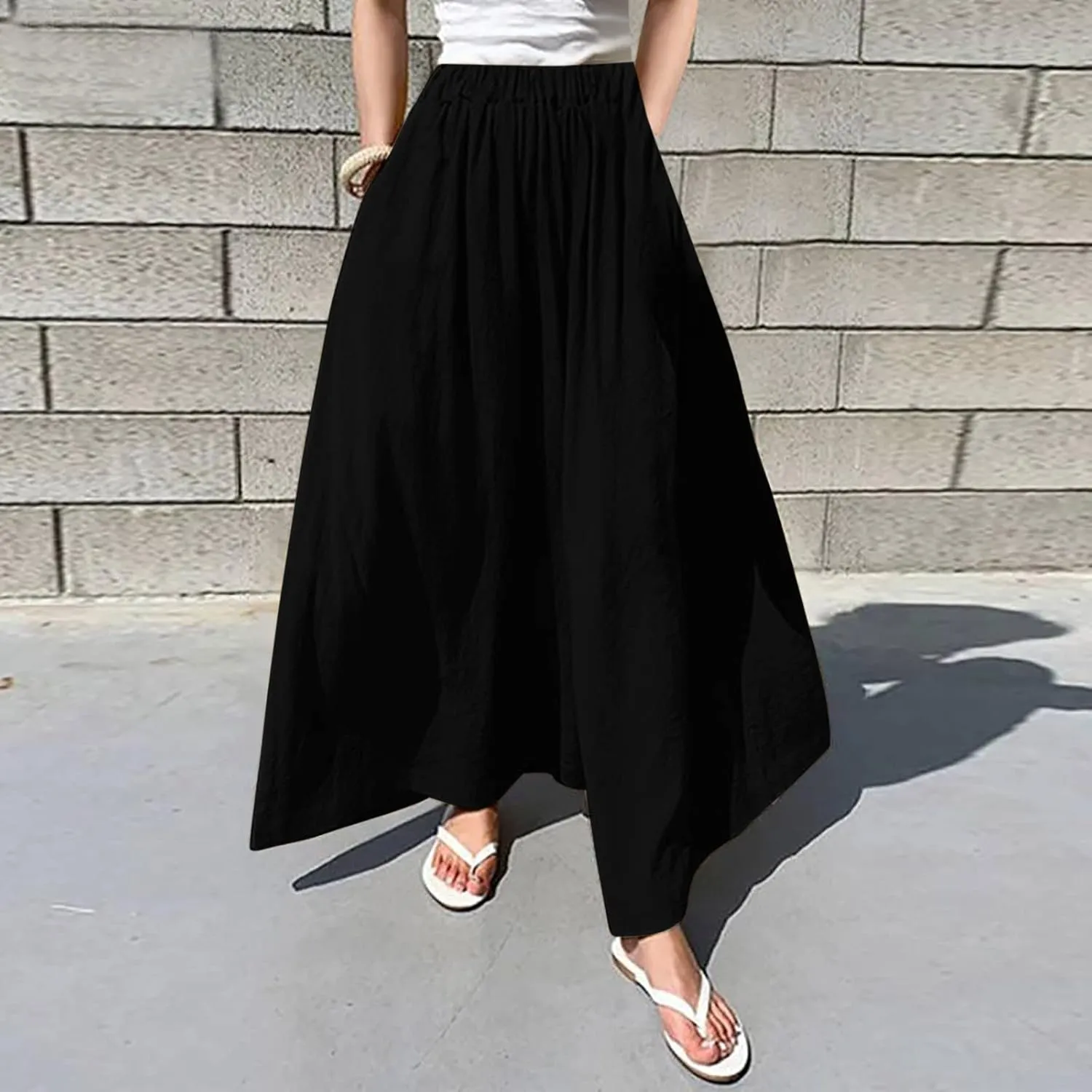 Womens High Waist Linen Pants 2025 Summer Flowy Leg Trousers, Breathable Casual Elastic Waist for Travel & Beach