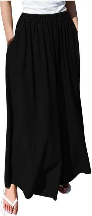 Womens High Waist Linen Pants 2025 Summer Flowy Leg Trousers, Breathable Casual Elastic Waist for Travel & Beach