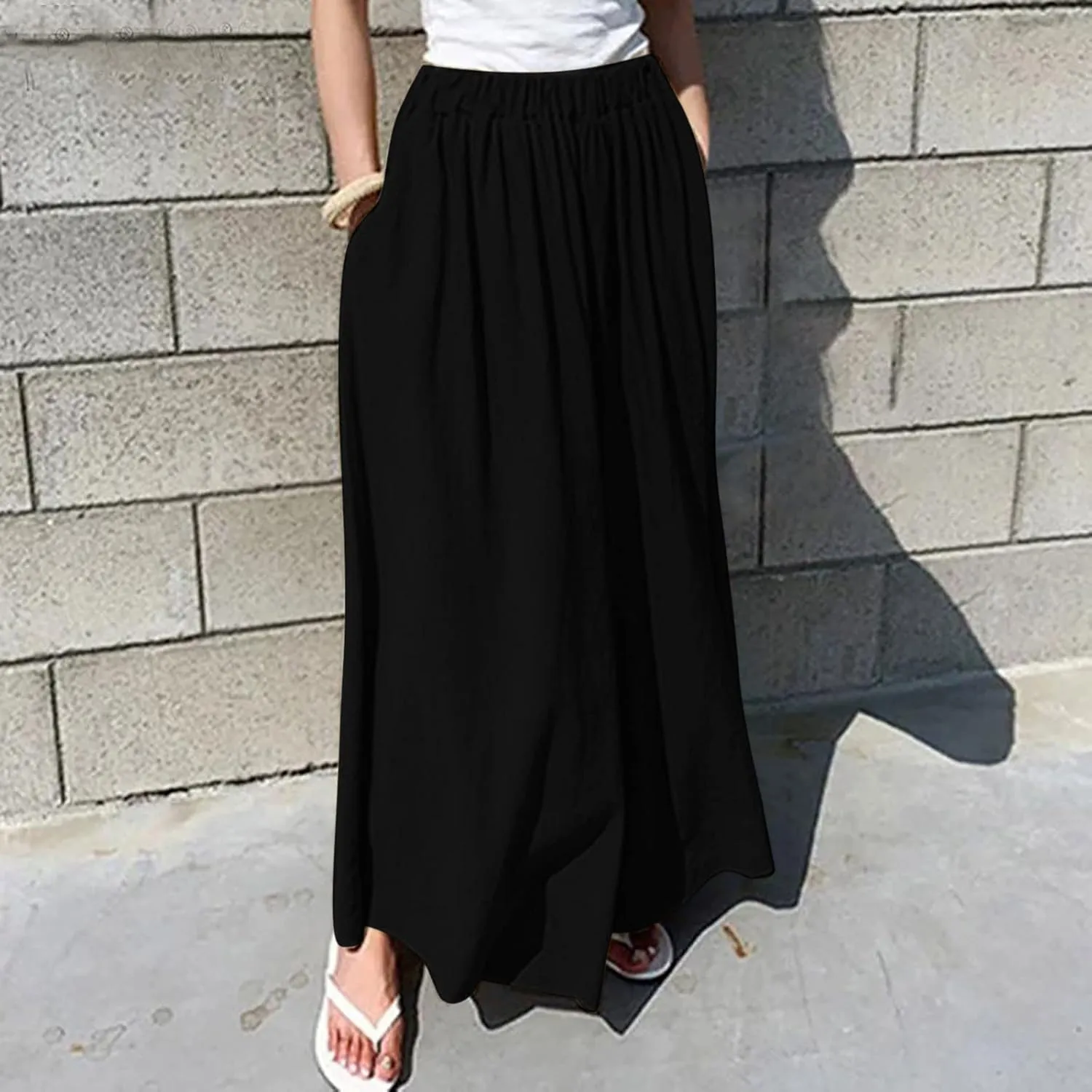 Womens High Waist Linen Pants 2025 Summer Flowy Leg Trousers, Breathable Casual Elastic Waist for Travel & Beach