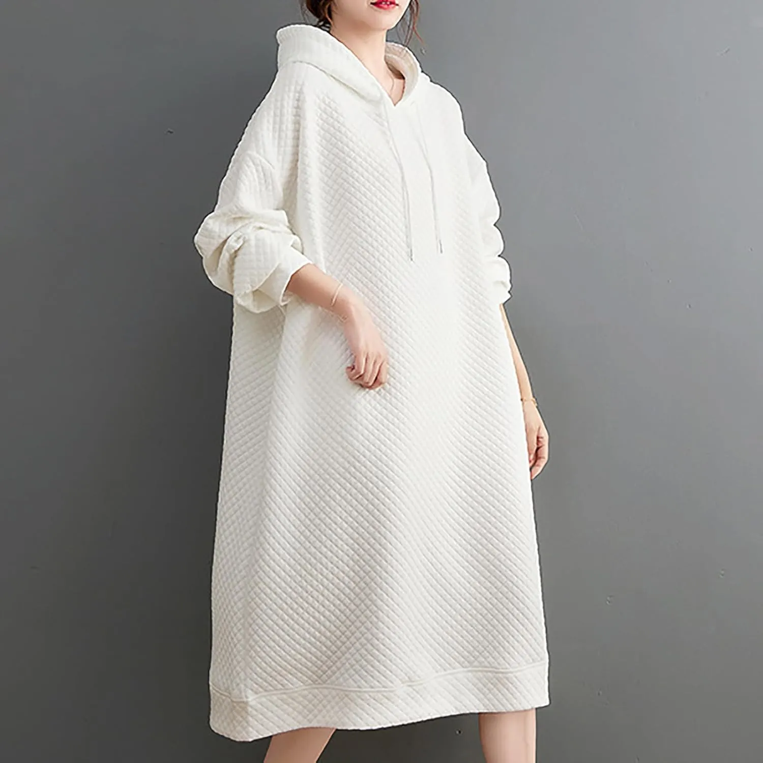 Women's Hooded Sweatshirt Dress Oversized Pullover Dresses Loose Fit Waffle Casual Hoodie Maxi Dress with Pockets