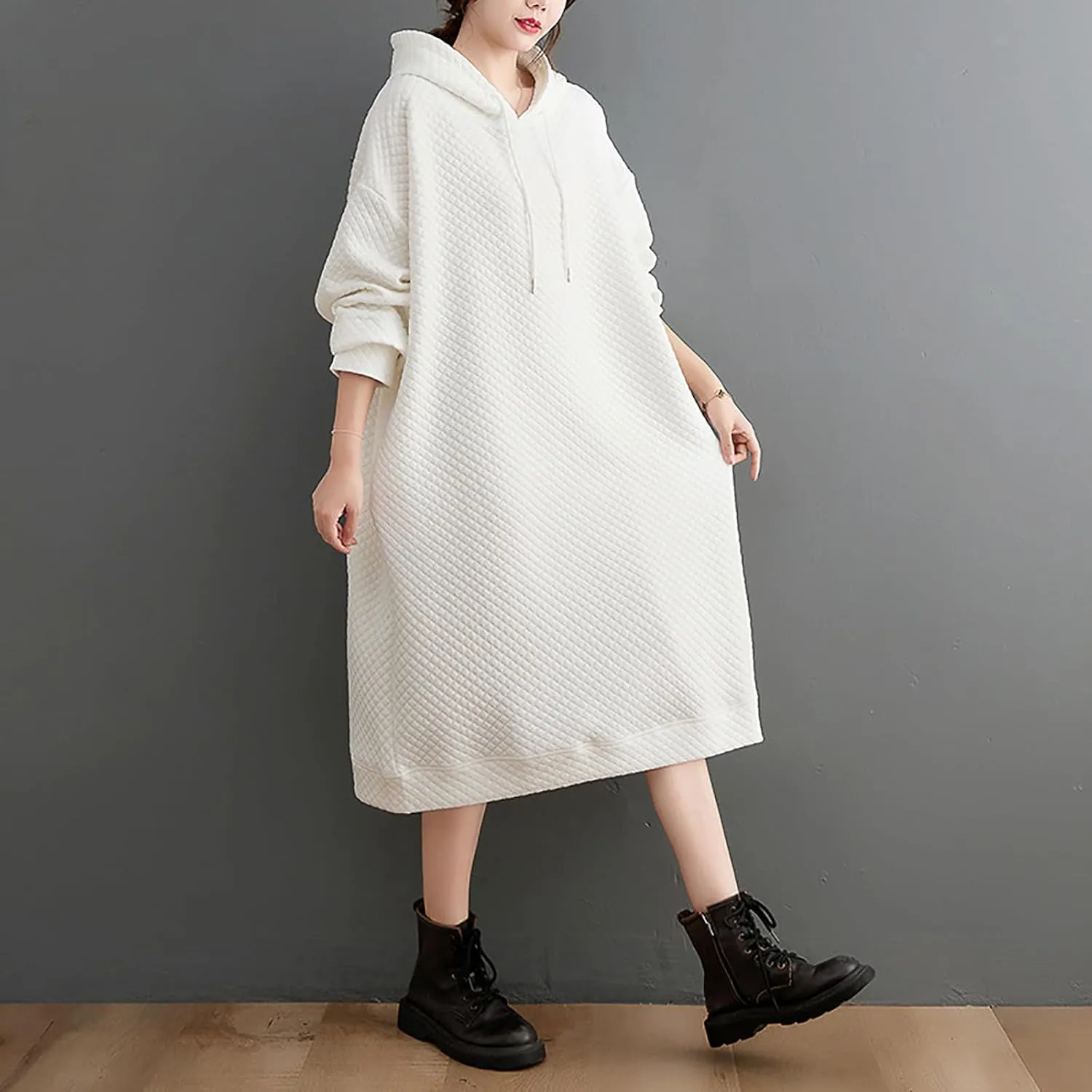 Women's Hooded Sweatshirt Dress Oversized Pullover Dresses Loose Fit Waffle Casual Hoodie Maxi Dress with Pockets