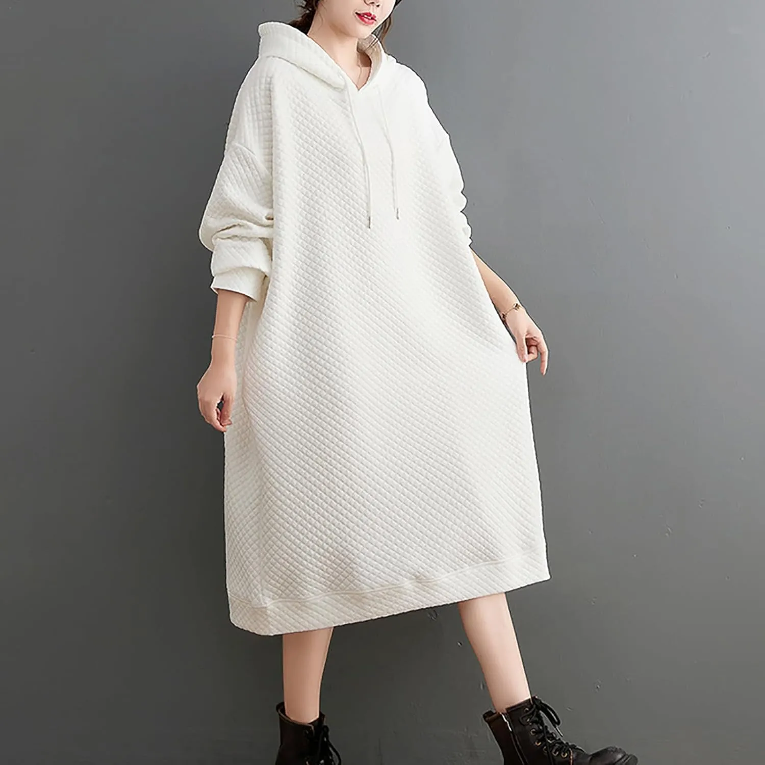 Women's Hooded Sweatshirt Dress Oversized Pullover Dresses Loose Fit Waffle Casual Hoodie Maxi Dress with Pockets