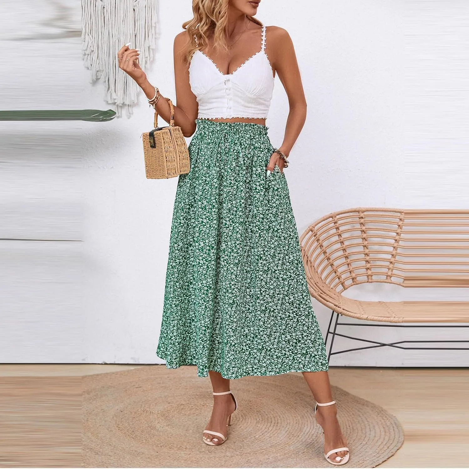 Women's Linen Skirts Knee Length Midi Skirt Summer Drawstring High Waisted Boho Skirt Smocked Aline with Pockets