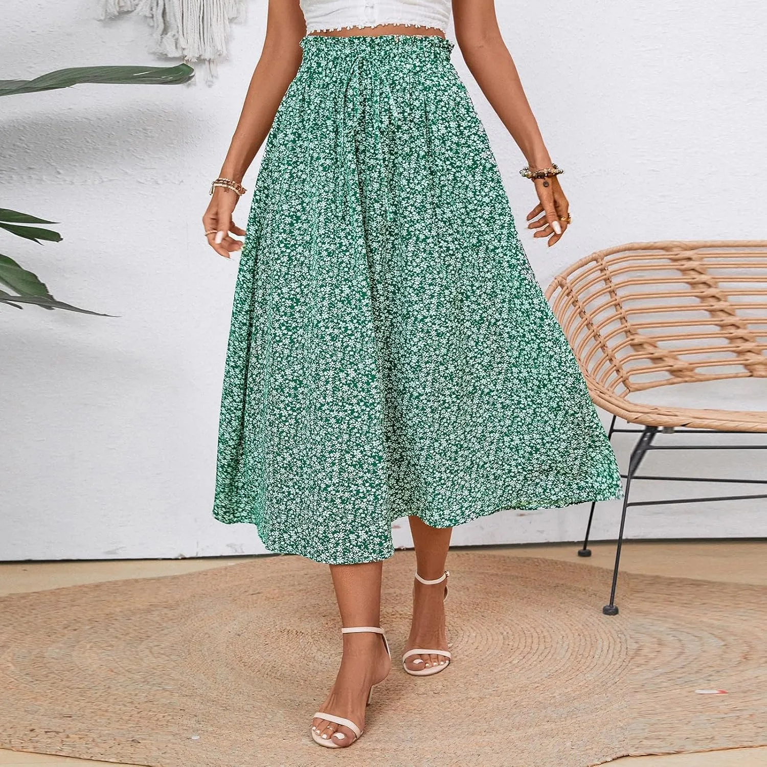 Women's Linen Skirts Knee Length Midi Skirt Summer Drawstring High Waisted Boho Skirt Smocked Aline with Pockets