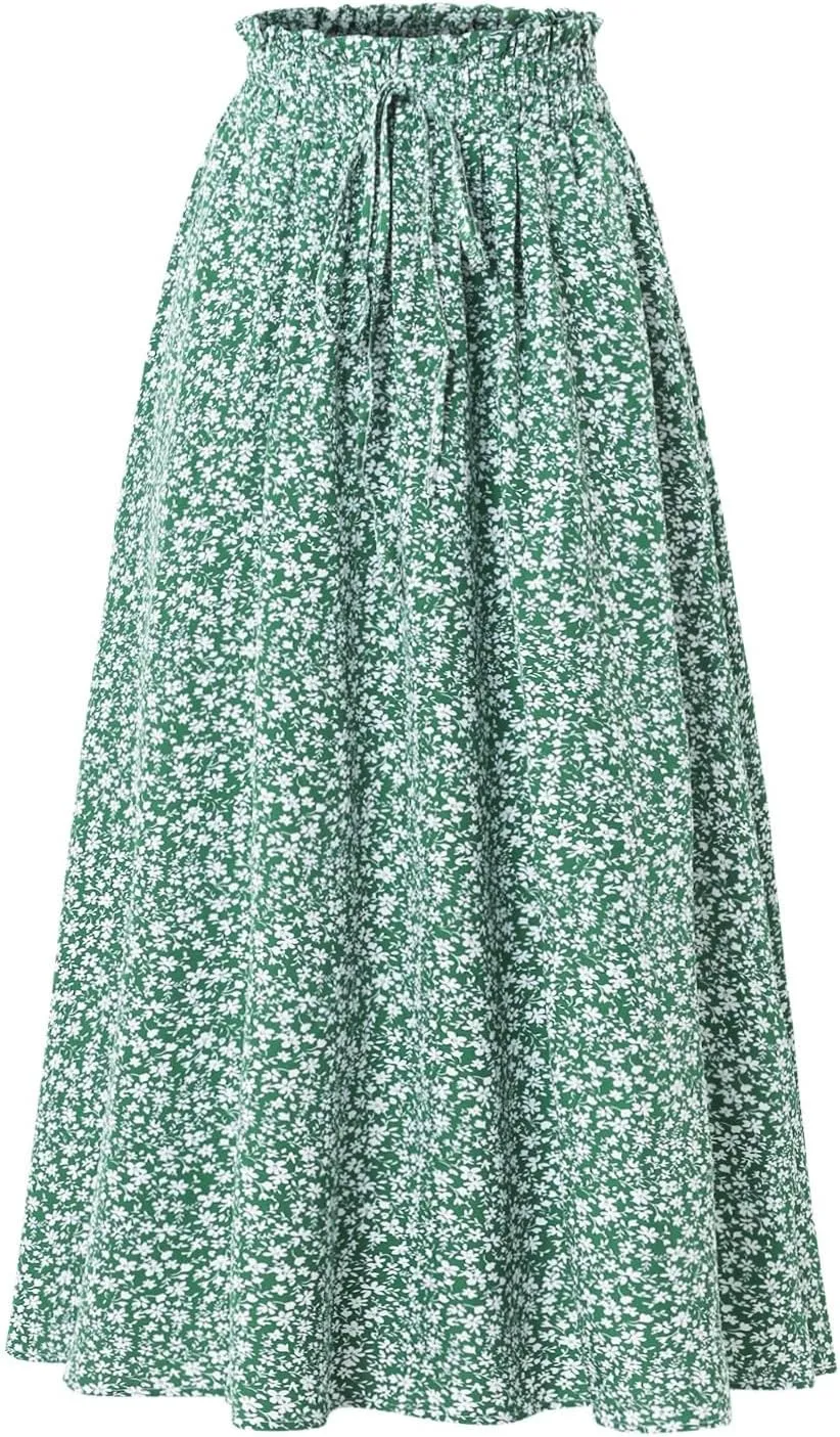 Women's Linen Skirts Knee Length Midi Skirt Summer Drawstring High Waisted Boho Skirt Smocked Aline with Pockets