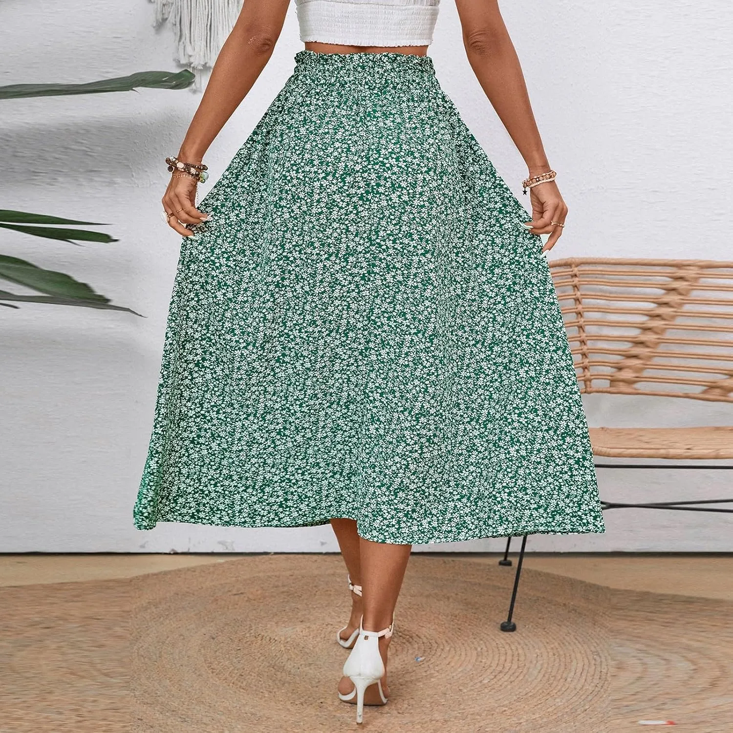 Women's Linen Skirts Knee Length Midi Skirt Summer Drawstring High Waisted Boho Skirt Smocked Aline with Pockets
