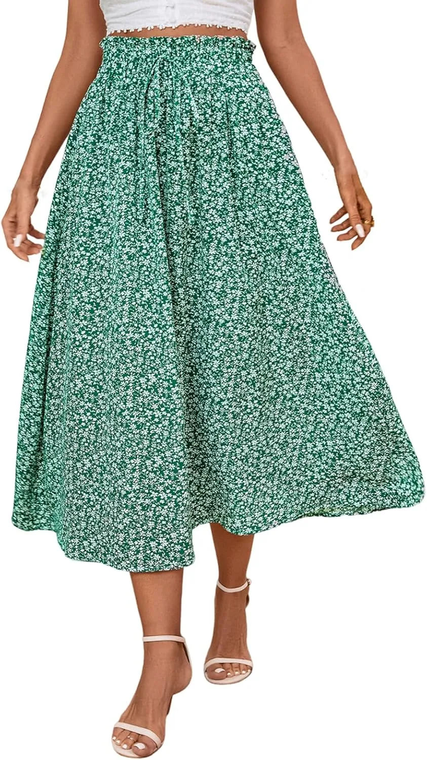 Women's Linen Skirts Knee Length Midi Skirt Summer Drawstring High Waisted Boho Skirt Smocked Aline with Pockets