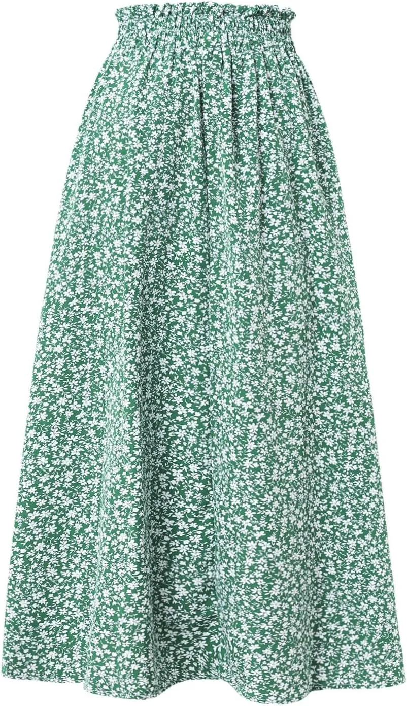 Women's Linen Skirts Knee Length Midi Skirt Summer Drawstring High Waisted Boho Skirt Smocked Aline with Pockets