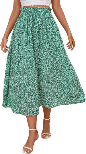 Women's Linen Skirts Knee Length Midi Skirt Summer Drawstring High Waisted Boho Skirt Smocked Aline with Pockets