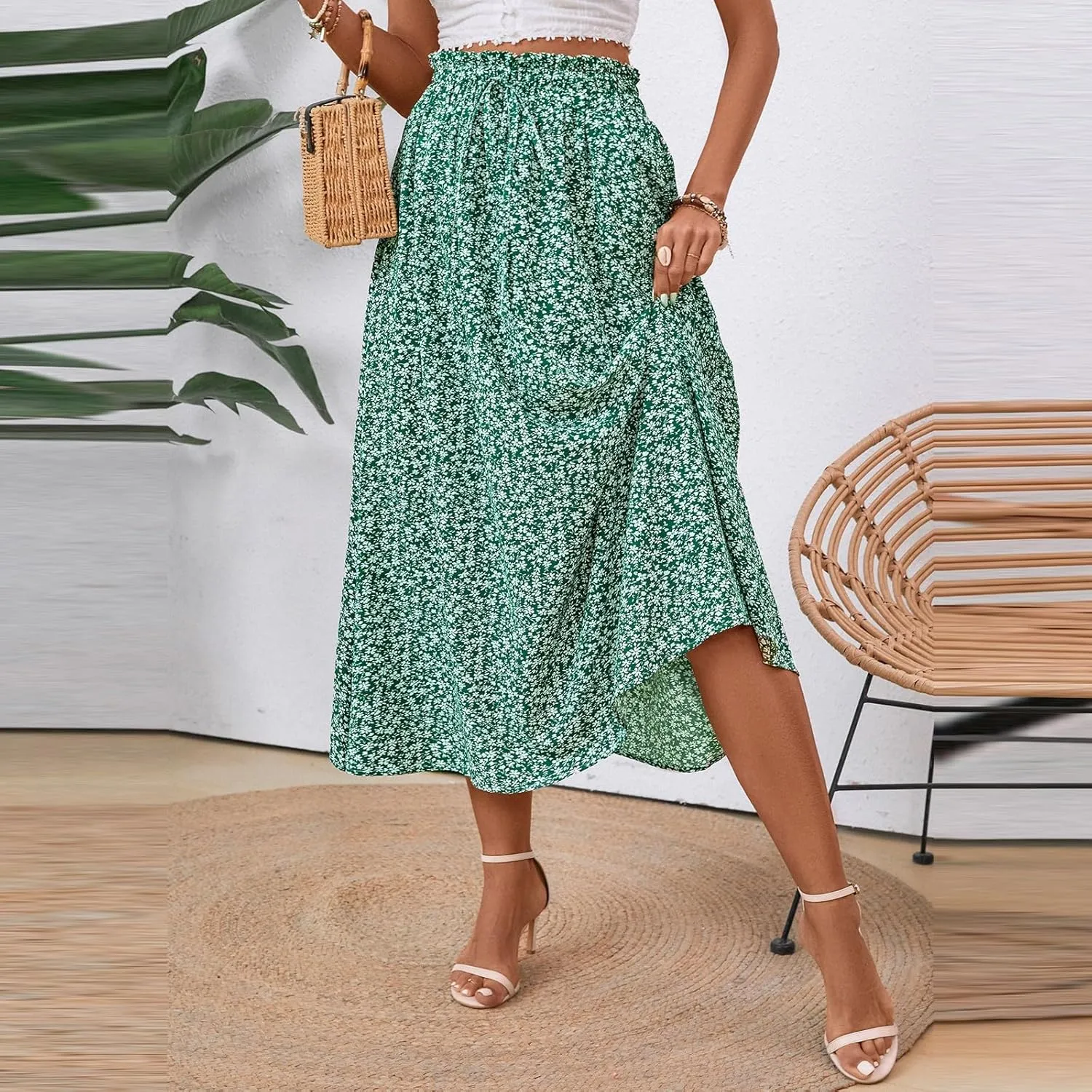 Women's Linen Skirts Knee Length Midi Skirt Summer Drawstring High Waisted Boho Skirt Smocked Aline with Pockets