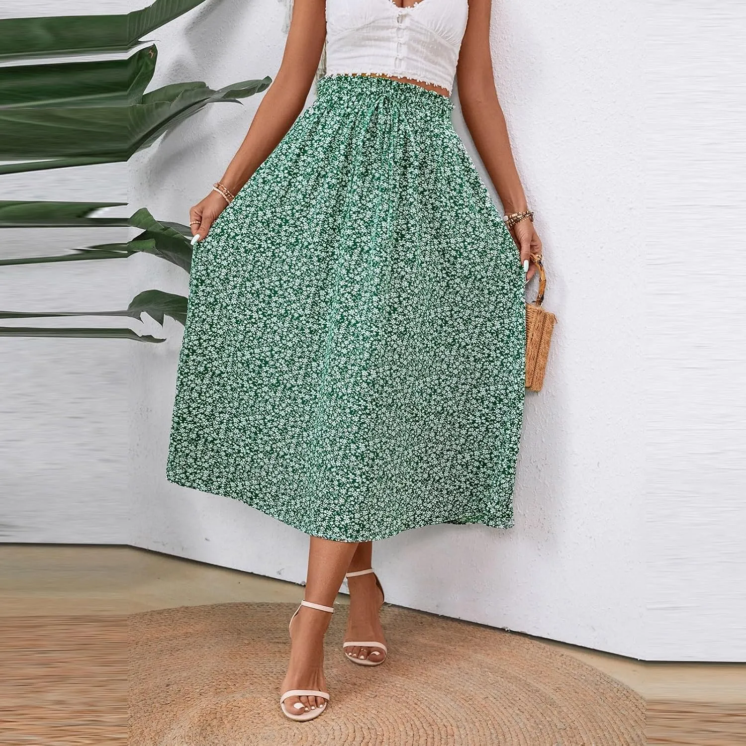 Women's Linen Skirts Knee Length Midi Skirt Summer Drawstring High Waisted Boho Skirt Smocked Aline with Pockets