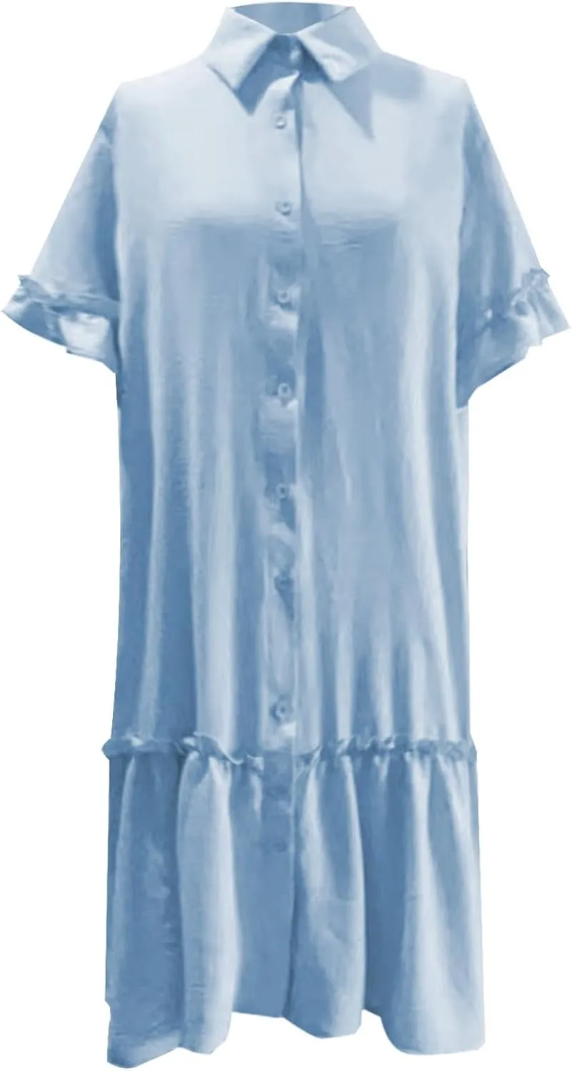 Womens Summer Collared Shirt Dresses Casual Button Down V-Neck Ruffle Short Sleeve Holiday Beach Mini Dress Sundress